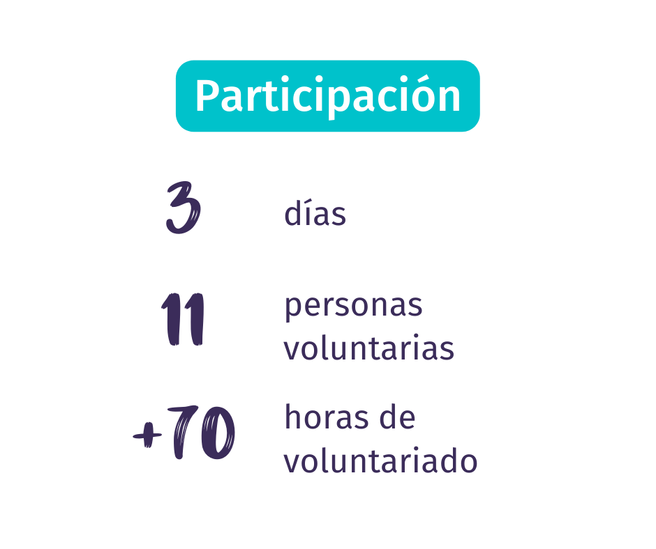 Imagen con las estadísticas de Participación: 3 días, 11 personas voluntarias y más de 70 horas de voluntariado.