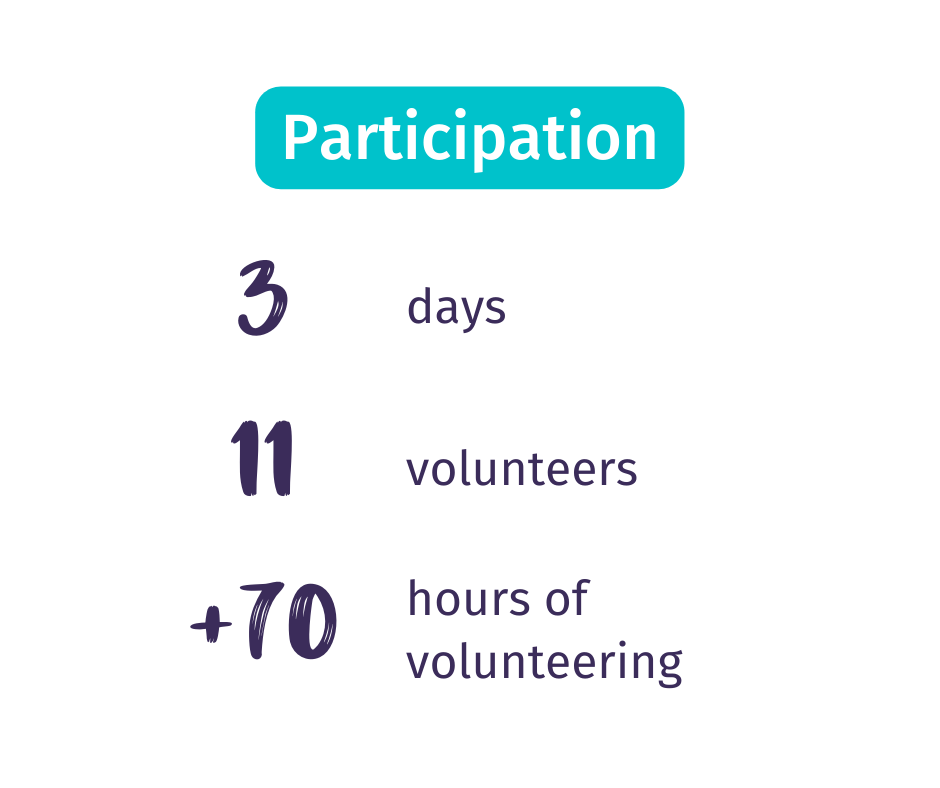 Image with statistics of Participation:
3 days, 11 volunteers, and more than 70 hours of volunteering.