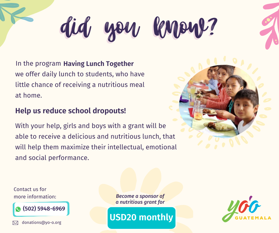 Image with the description of our program “Having lunch together” in which we offer daily lunch to students, who have little chance of receiving a nutritious meal at home.